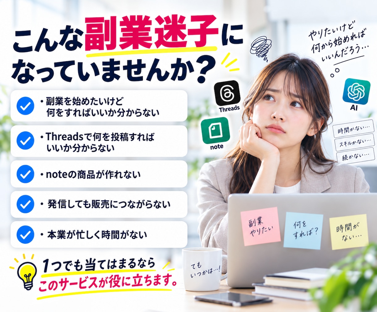 副業迷子の会社員をnote販売まで導線化します Threads×note×AI時短で月5万副業を在宅で目指す イメージ2