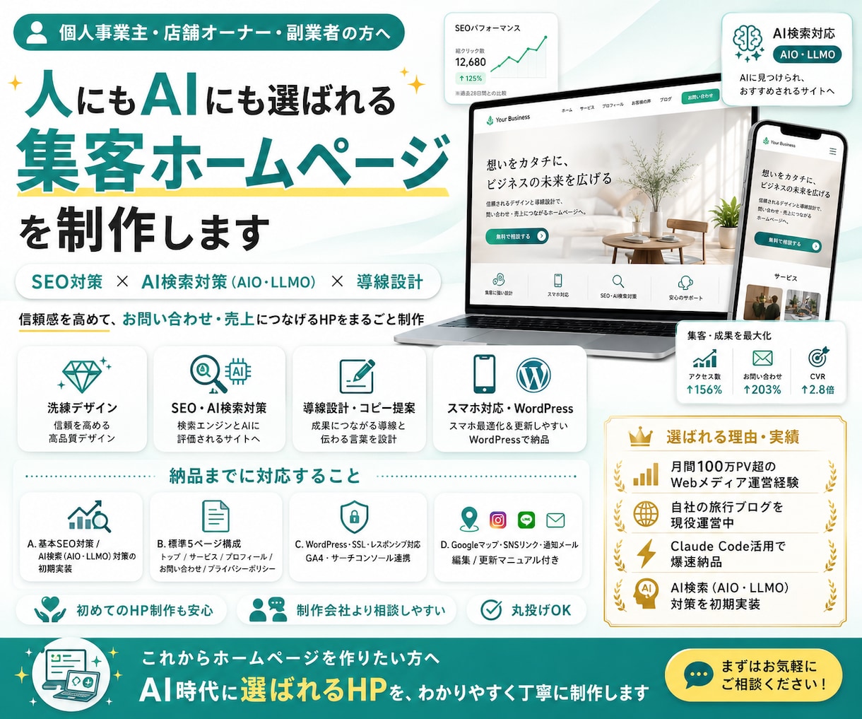 集客+SEOに強いホームページ制作いたします デザインだけで終わらない・問い合わせに繋がるHPを イメージ1