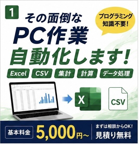 Excel・CSVなど面倒なPC作業を自動化します 集計・転記・計算・データ処理を専用ツールで効率化します イメージ1