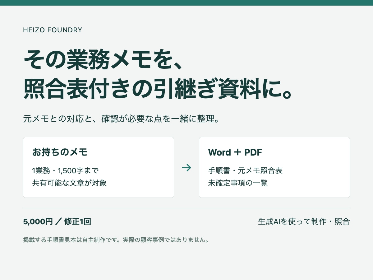 業務メモを照合表付きの引継ぎ手順書に整えます 手順と元メモの対応、確認が必要な点を一緒に整理 イメージ1