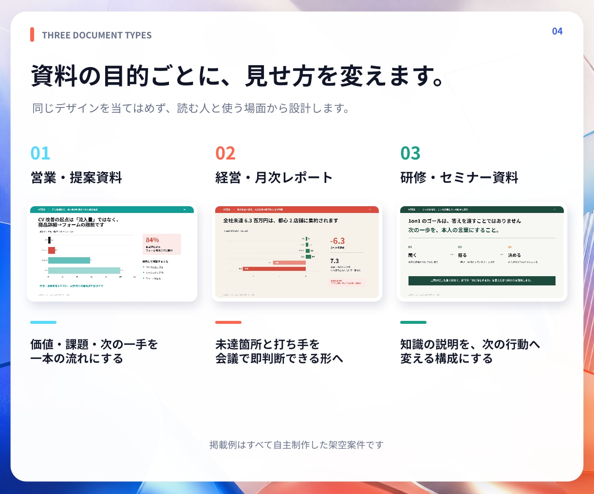 既存PowerPointを伝わる資料に整えます 余白・配色・見出しを整え、編集可能なPPTXで納品 イメージ4