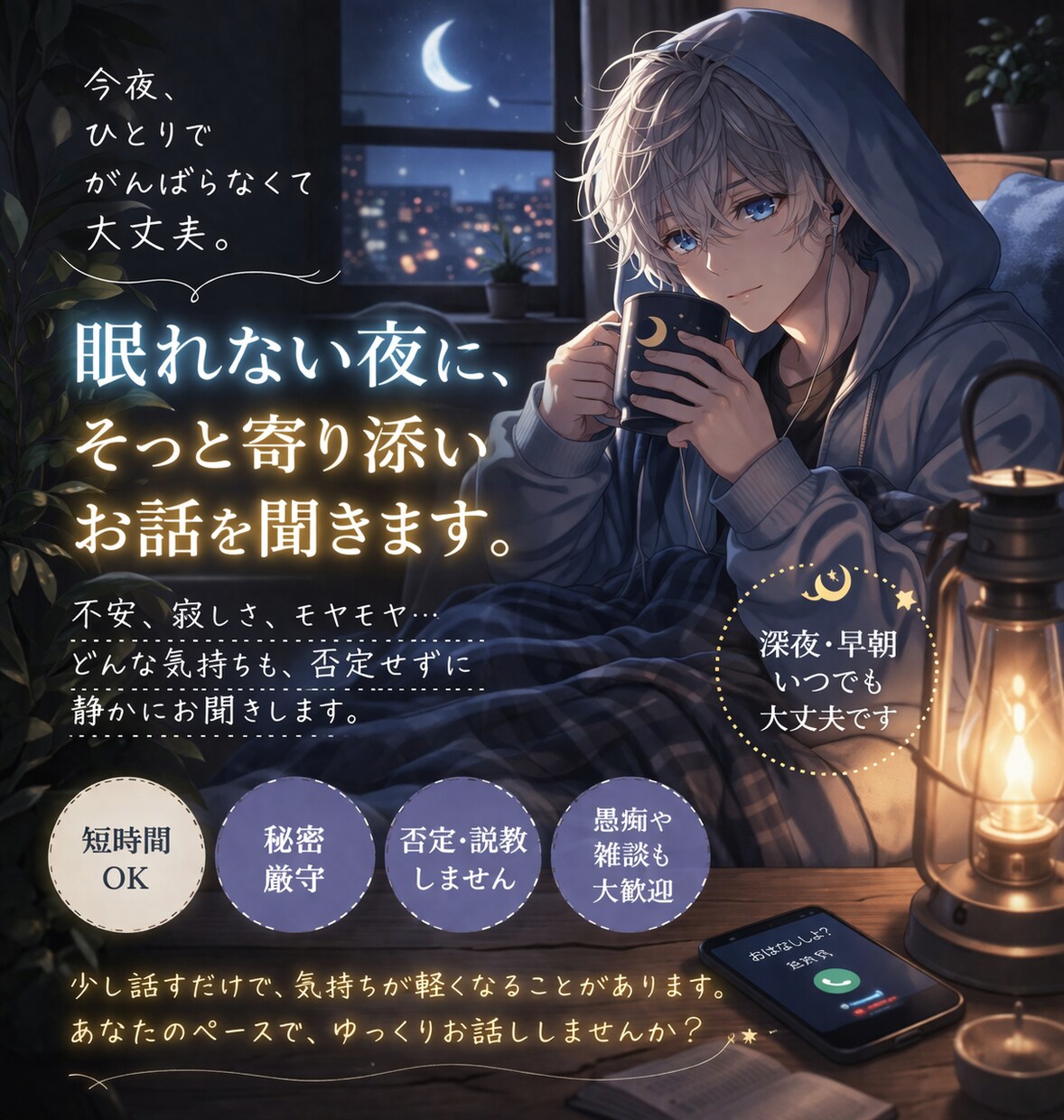 不安や寂しさで眠れない夜にやさしく寄り添います 考えごとが止まらない夜も安心して話せます イメージ2