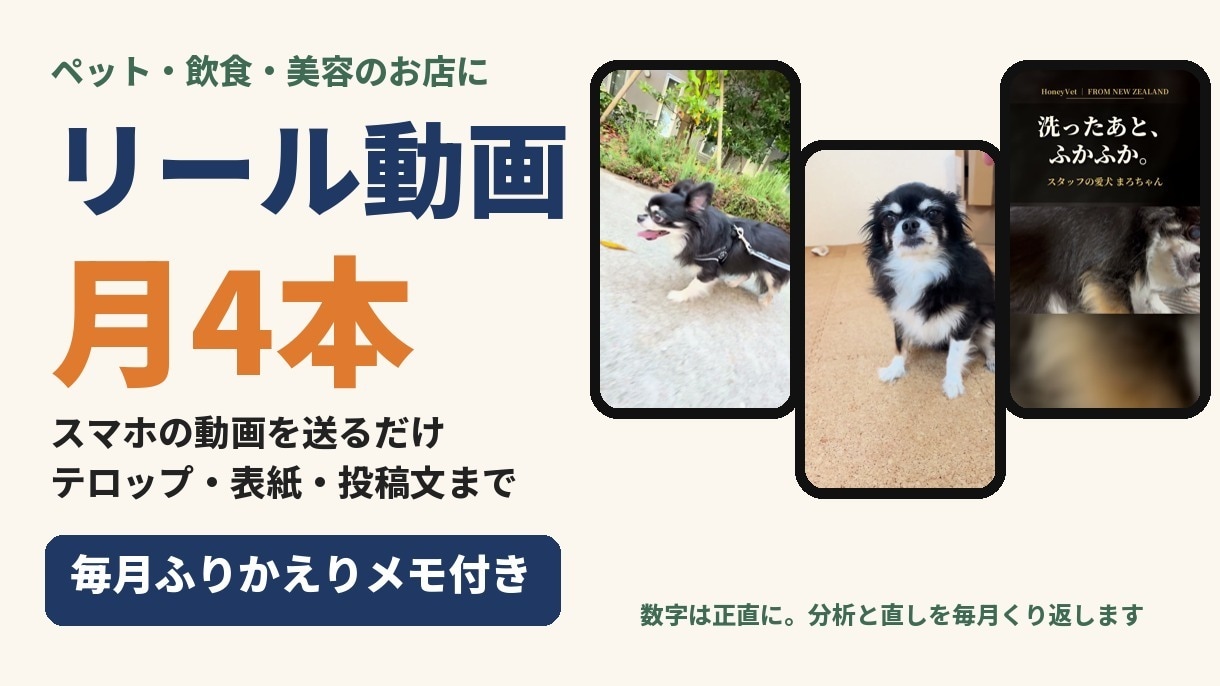 ペット・飲食・美容のお店のリールを月4本編集します スマホの動画を送るだけ。テロップ・表紙・投稿文まで イメージ1