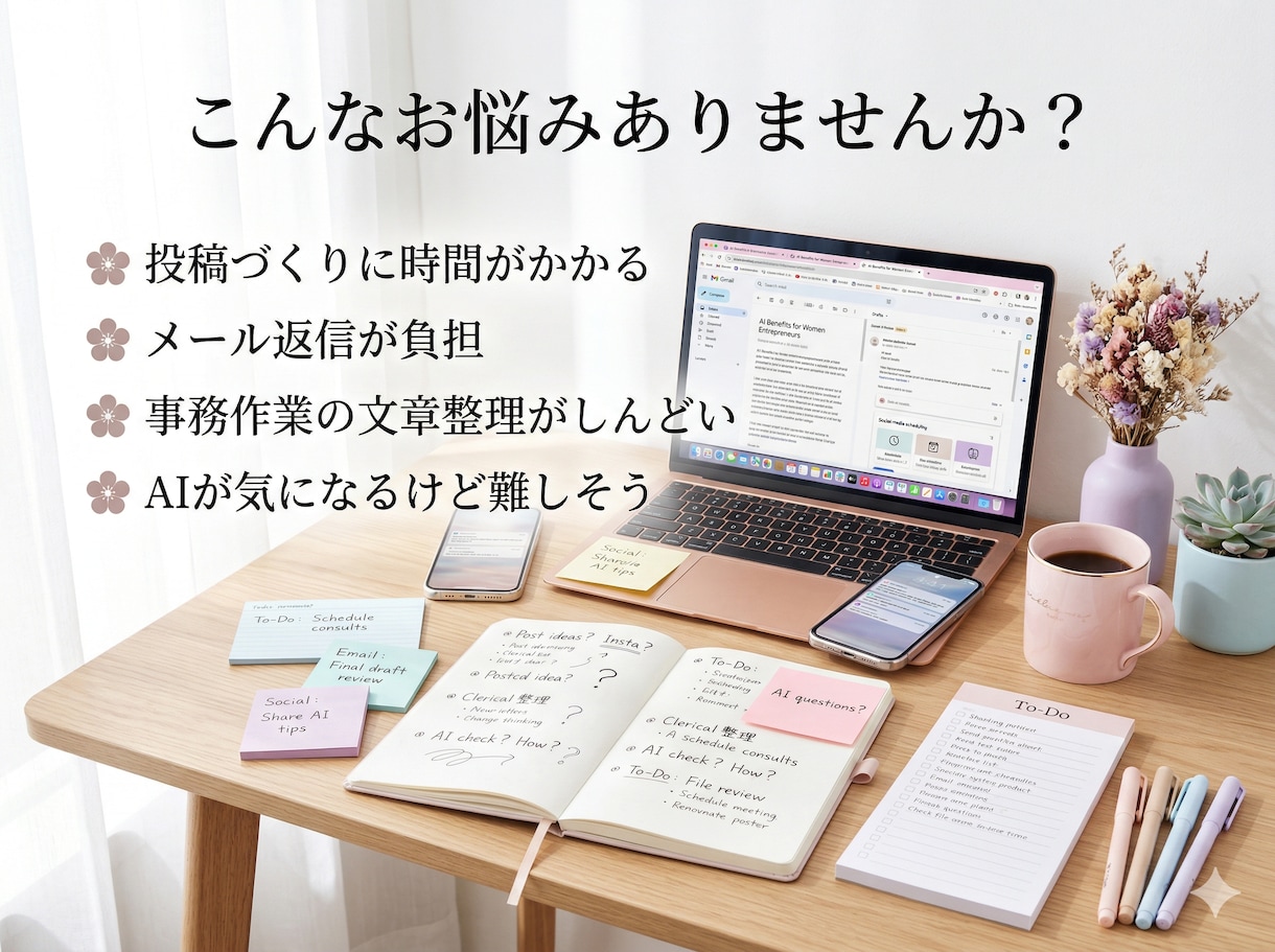 女性向け｜AIで日々の業務の負担を軽くします やさしく相談しながらAI活用を整えます イメージ2