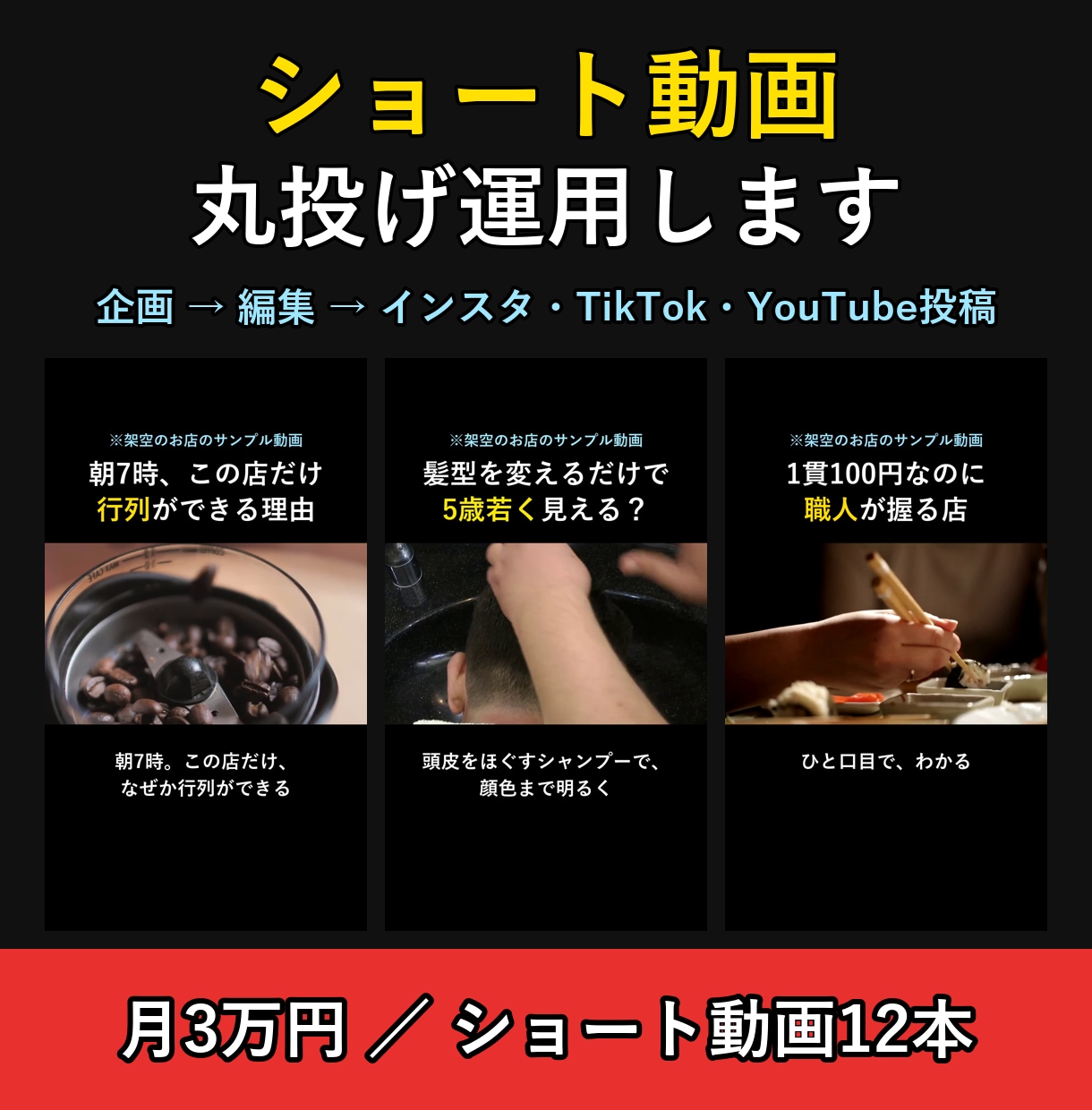 ショート動画を企画から投稿まで丸ごと運用します 月12本作成＋3SNS投稿＋毎月の数字報告つき イメージ1