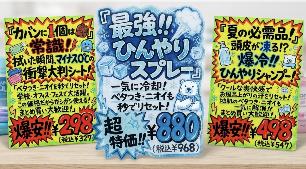 夏を乗り切る！手書きPOP作ります 「夏対策」「爆安」ドラッグストア・小売店の売上UPに！ イメージ1