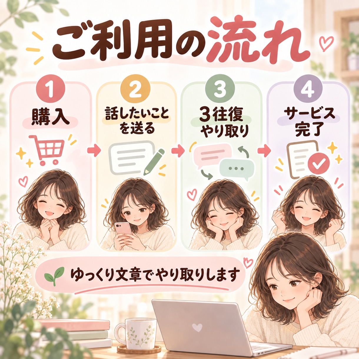 頭の中のモヤモヤを文章で一緒に整理します うまく話せなくても大丈夫。3往復でゆっくり整理 イメージ4