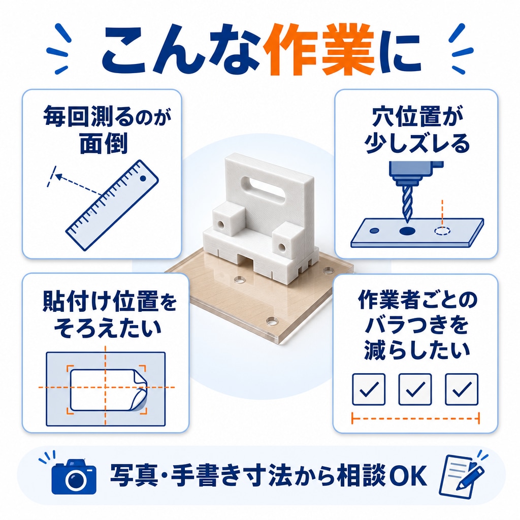 穴あけ・貼り付け位置をそろえる治具を作ります 位置決め作業を専用治具でラクにします イメージ2