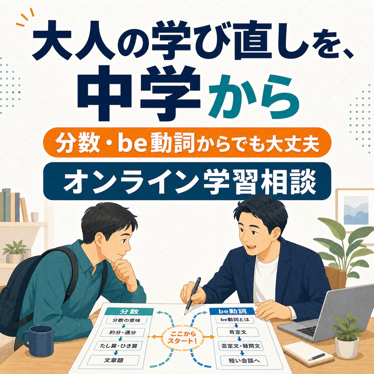 大人の学び直しを中学の内容から支えます 分数やbe動詞からでも、恥ずかしくない場所で始められます イメージ1