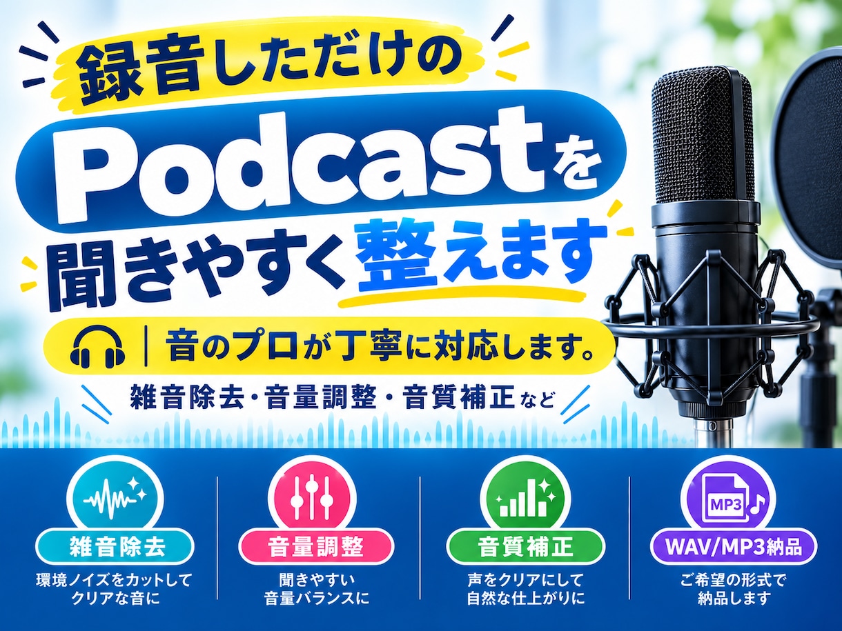 録音しただけのPodcastを聞きやすく整えます 聞き取りにくい・雑音が気になるを解決。音のプロが丁寧に仕上げ イメージ1