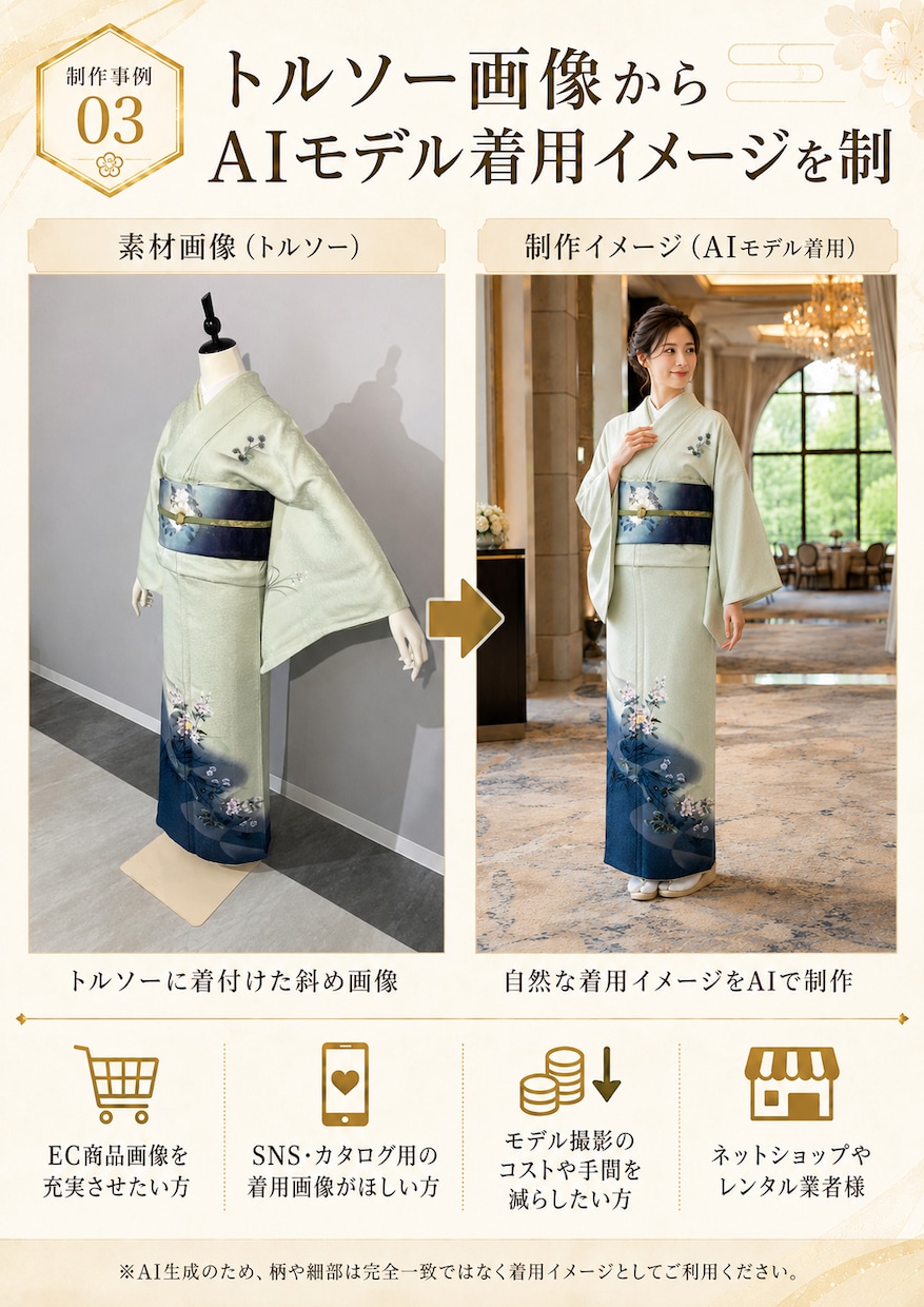 あなたが売りたいその着物、AIモデルが着こなします トルソー画像からEC・SNS向け着物モデル着用イメージ制作 イメージ4