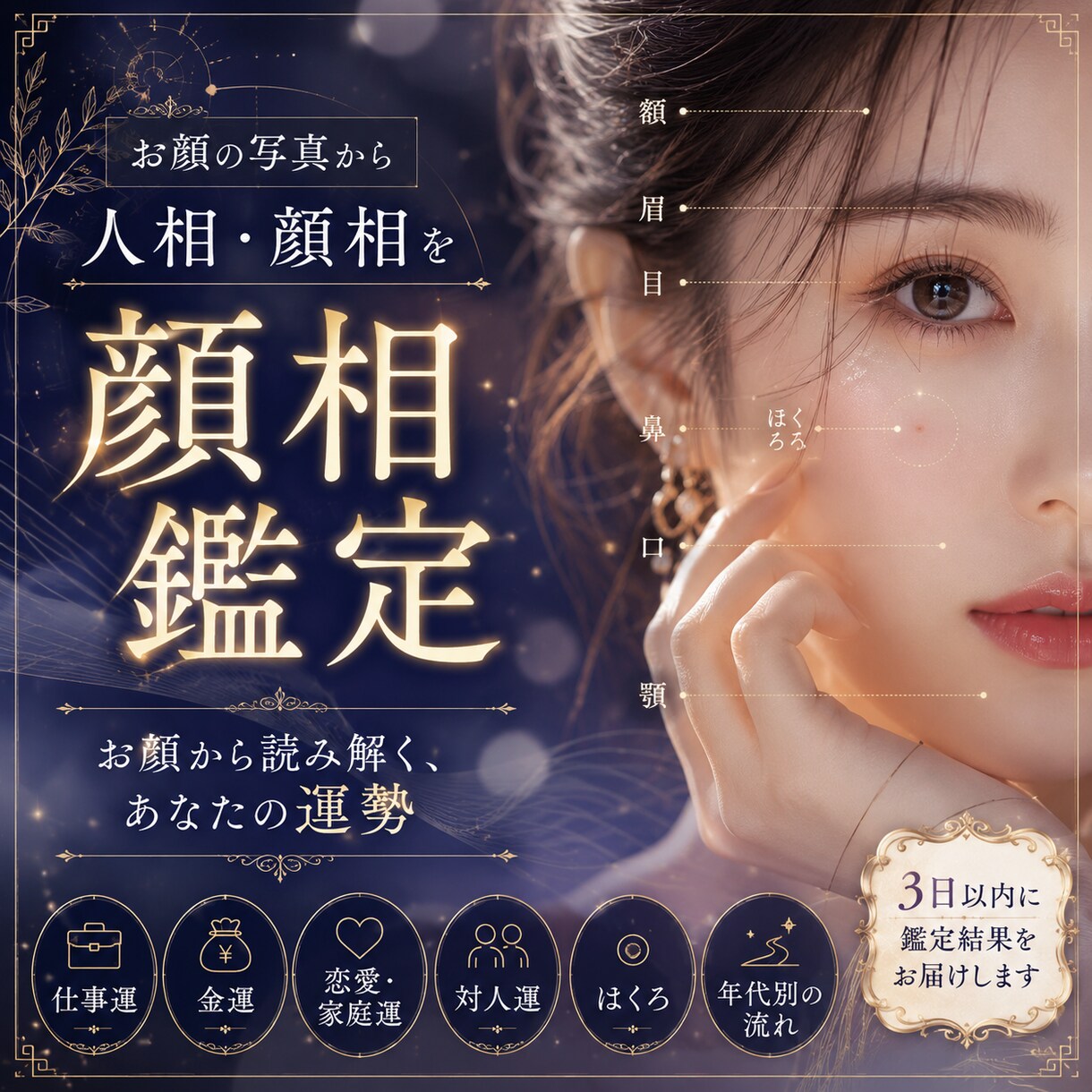 お顔の写真から人相・顔相を詳しく鑑定します 目・眉・鼻・口・輪郭・ほくろまで細かく総合鑑定 イメージ1