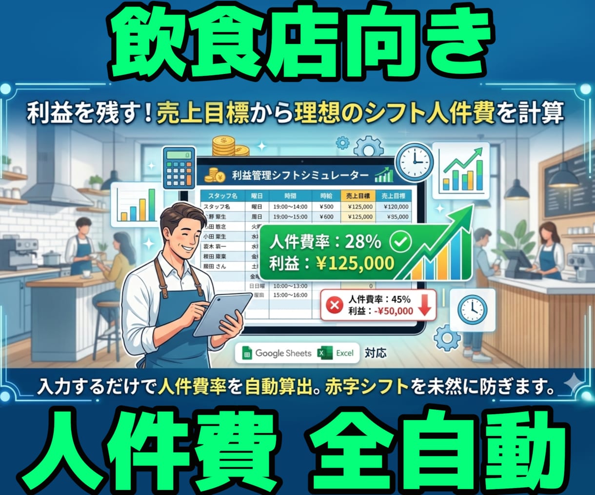 売上目標から利益を残す理想シフト人件費を計算します 入力するだけで人件費率を自動算出。赤字シフトを未然に防ぎます イメージ1