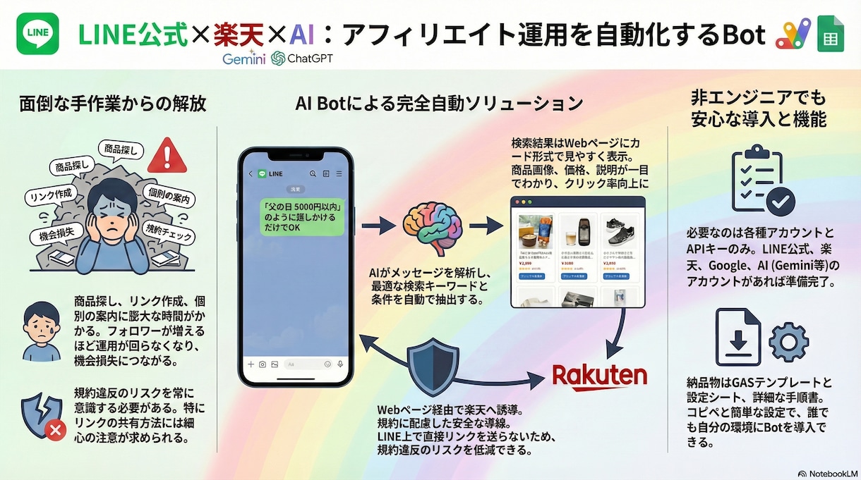 24時間働く「楽天アフィ」AI接客Bot構築します 「寝ている間も、Botがお客様に商品を提案し続けます」 イメージ2