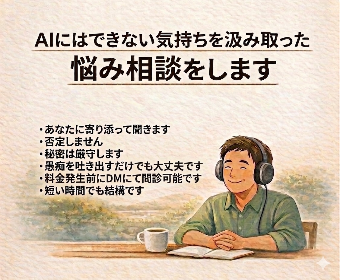 AIにはできない、あなたに寄り添った相談します 相談、愚痴、雑談、なんでも否定せず聞いて心を軽くします！ イメージ1