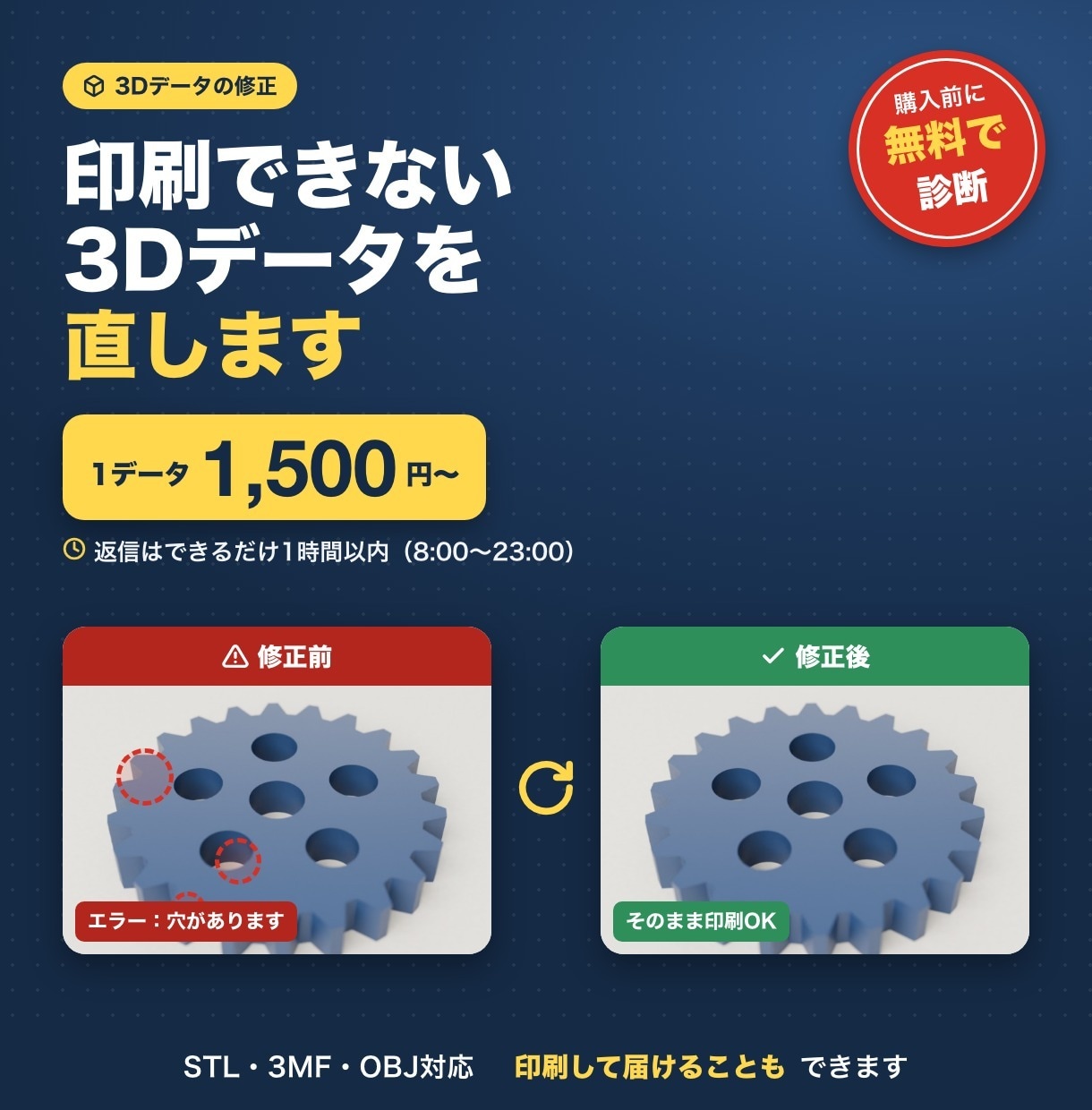 STLデータ修正｜印刷できない3Dデータを直します 返信はできるだけ1時間以内。穴・裏返り・大きさ・分割を修正 イメージ1