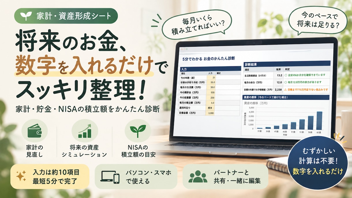 初心者向け家計とNISAの診断シートを渡します 夫婦でスマホ共有OK｜5分で将来のお金と節約額がわかる イメージ1