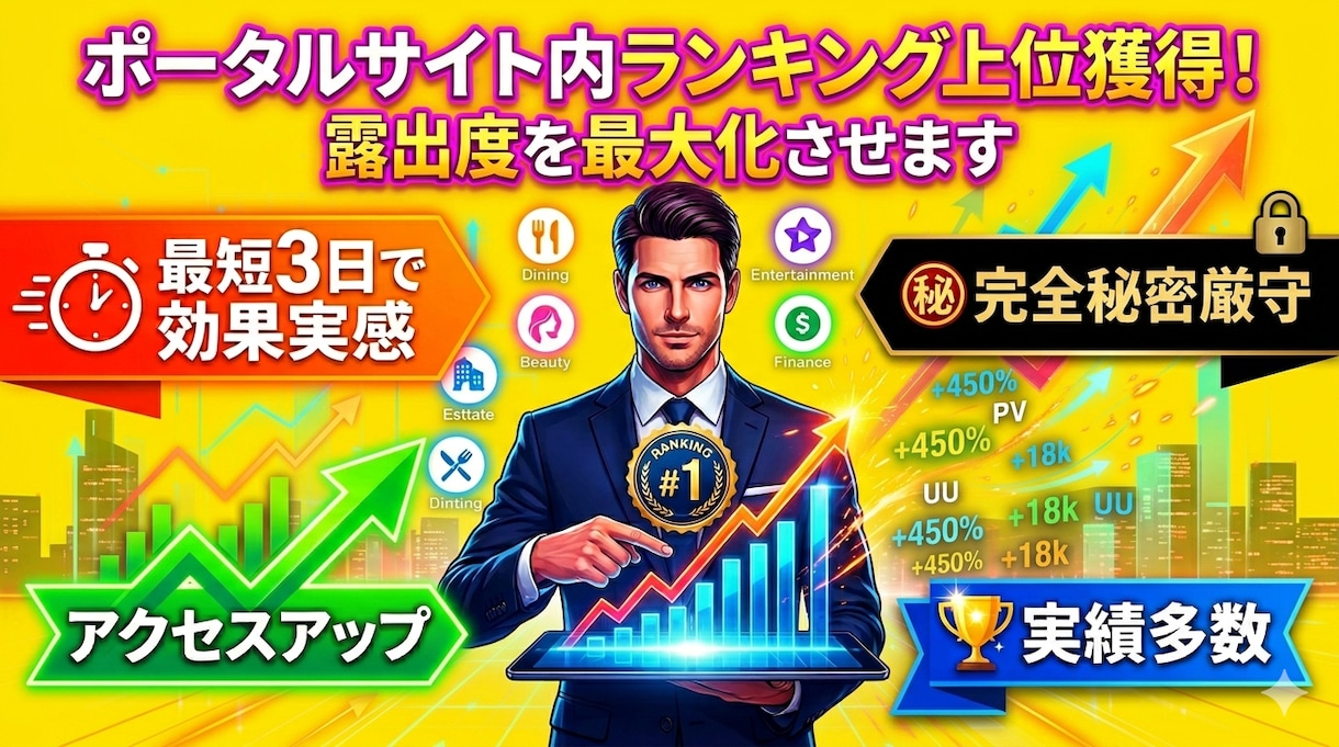 掲載価値を最大化★ランキングアップ対策します ポータルサイトのランキングを上げ露出度・集客力を最大化！ イメージ1
