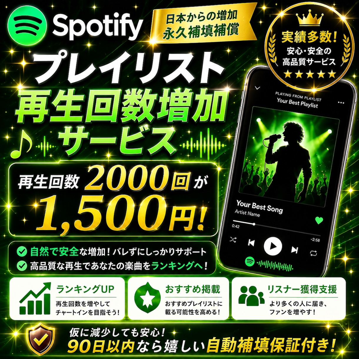 Spotify音楽再生回数2000回増やします 1500回＝2000円！おすすめ楽曲への掲載支援！ イメージ1
