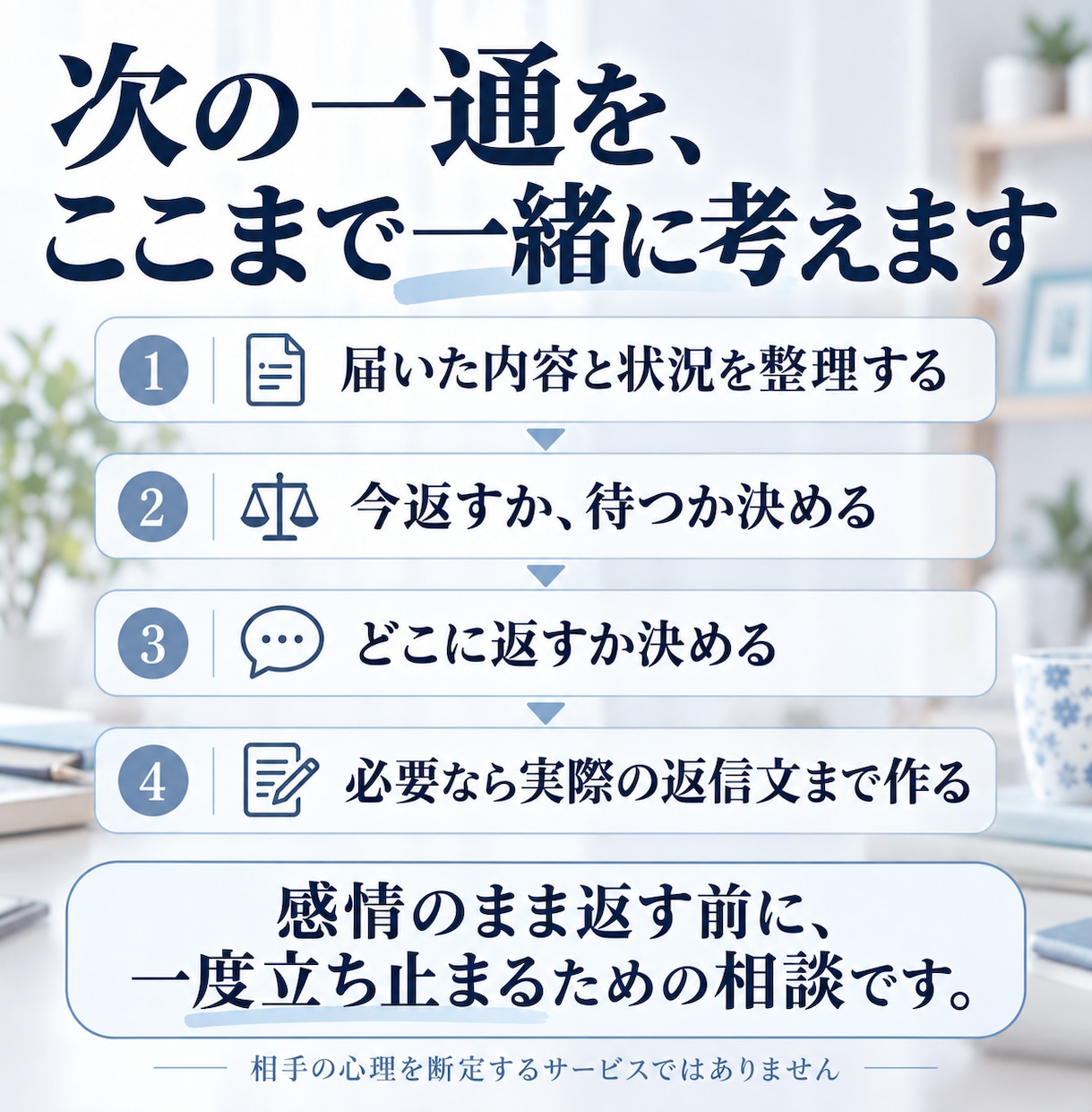 突然の長文LINE、返すか待つか一緒に考えます 感情のまま返す前に、次の一通とタイミングを考えます イメージ3