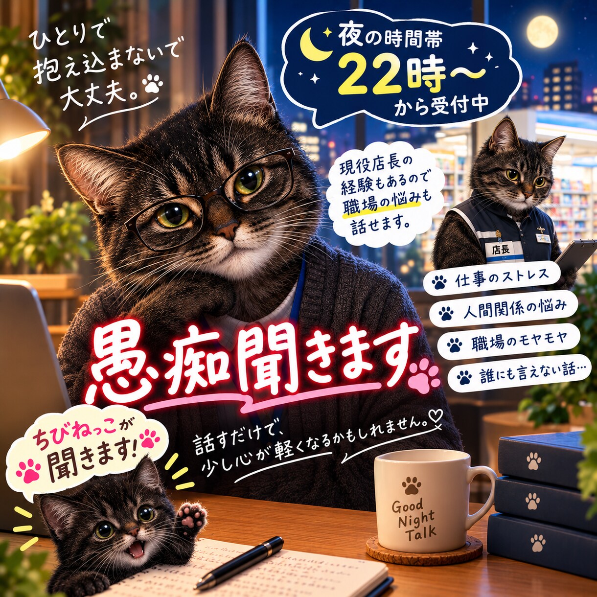 夜だから話せる。誰にも言えない愚痴聞きます 職場のこと、人間関係のこと、話してみませんか？ イメージ1