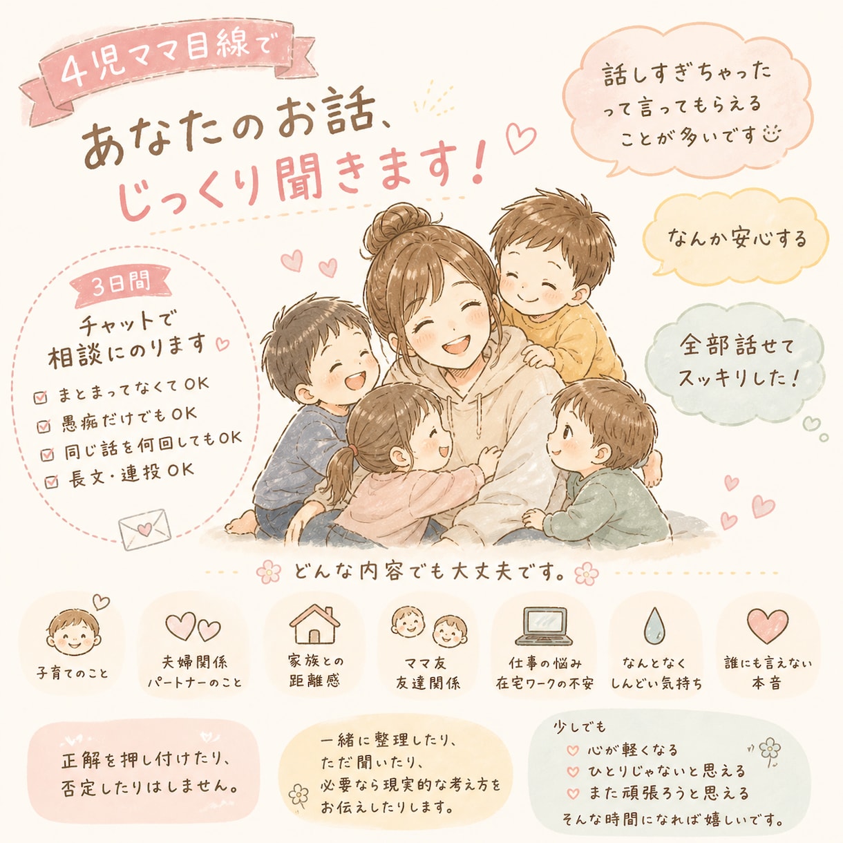 4児ママがあなたの気持ちを受け止めます 話しすぎても大丈夫。あなたの気持ち、置いていってください。 イメージ1