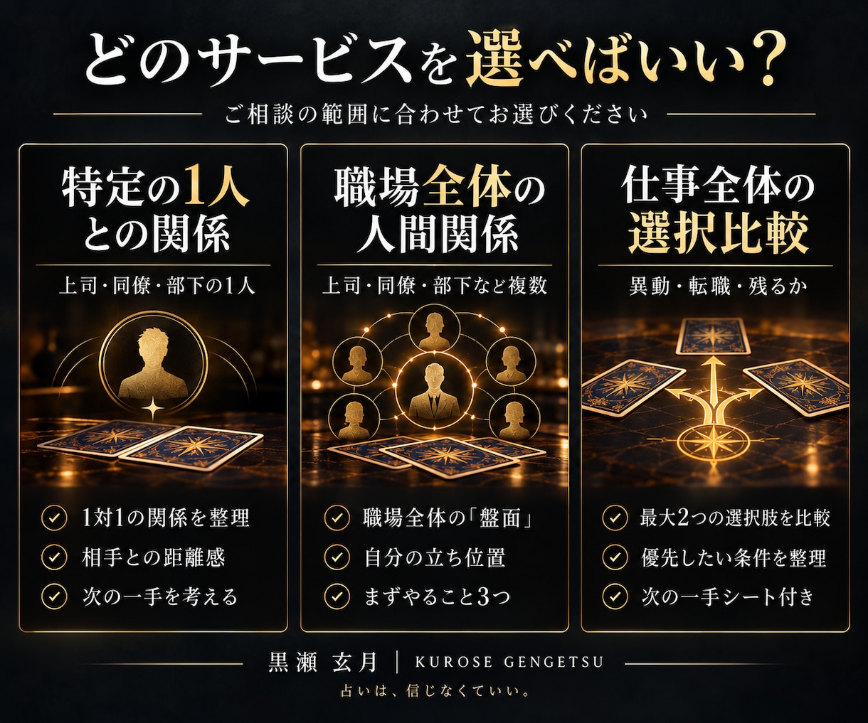 仕事・人間関係・転職の迷いを総合鑑定します 残る・異動・転職まで、仕事の盤面をまとめて整理します イメージ6
