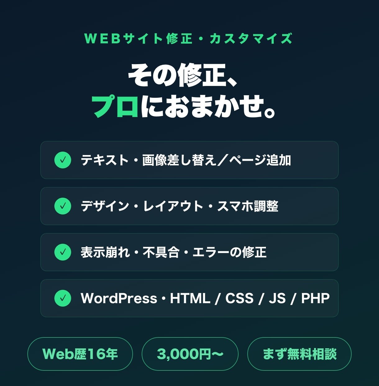 WordPressサイトを修正・カスタマイズします Web歴16年のプロが即対応。小さな修正〜不具合までなんでも イメージ1