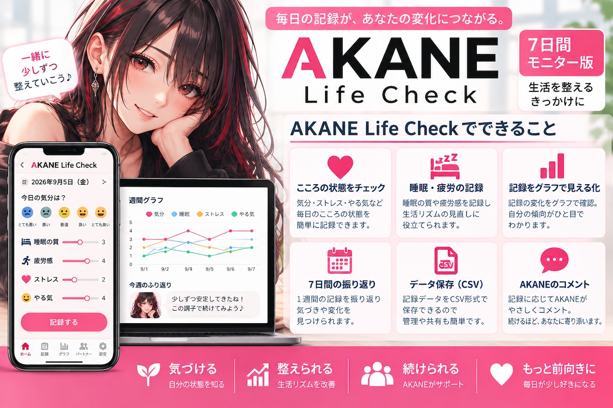 AKANE Life Checkで生活を整えます 睡眠・疲労・気分を記録・AKANEとのきずなも育ちます！ イメージ6