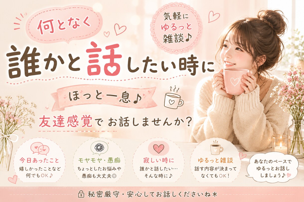 なんとなく誰かと話したい時、お相手します 友達に話すような気持ちでお気軽にどうぞ♪ イメージ1