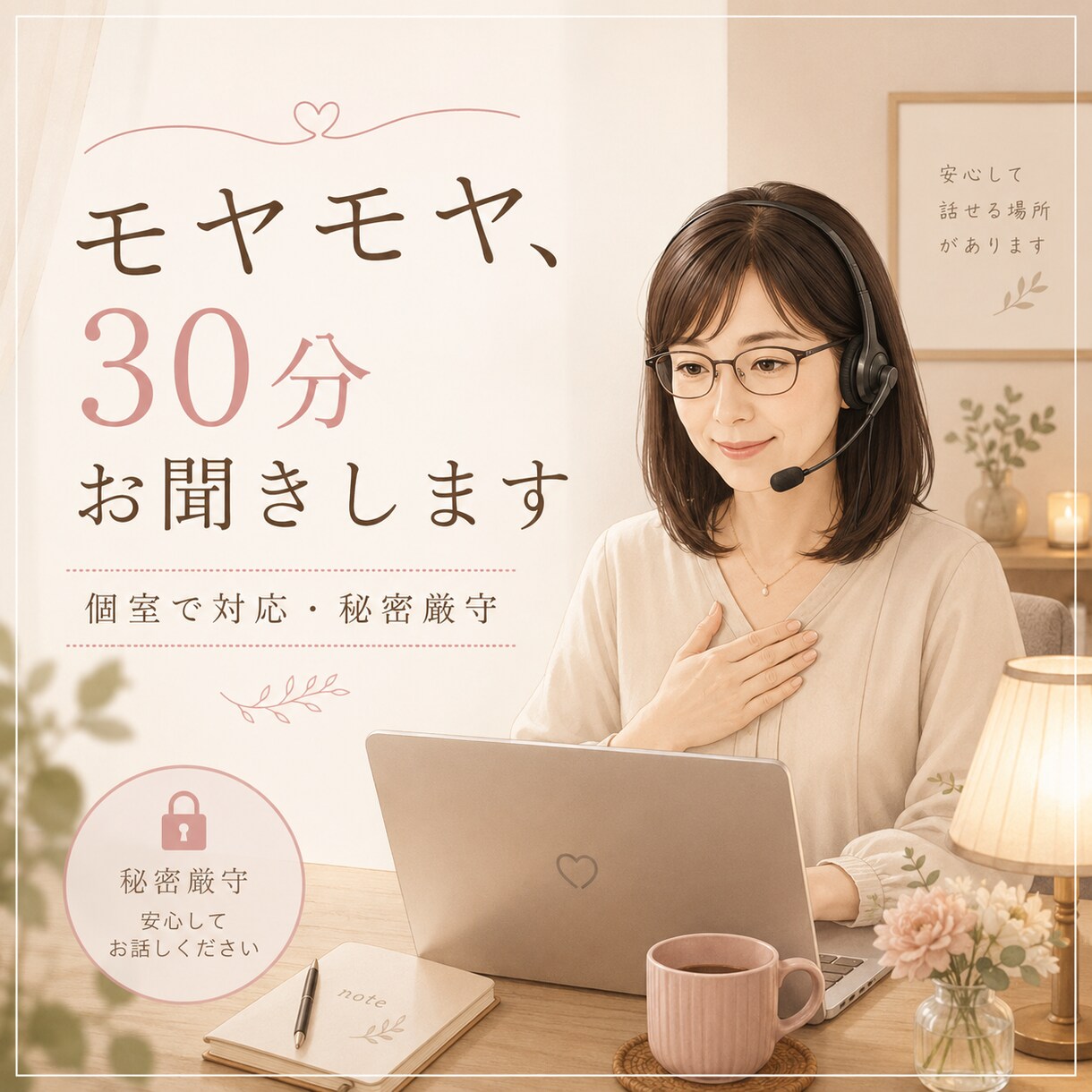 秘密厳守で、あなたのモヤモヤを30分お聞きします 個室で対応。安心して話せる時間です。 イメージ1