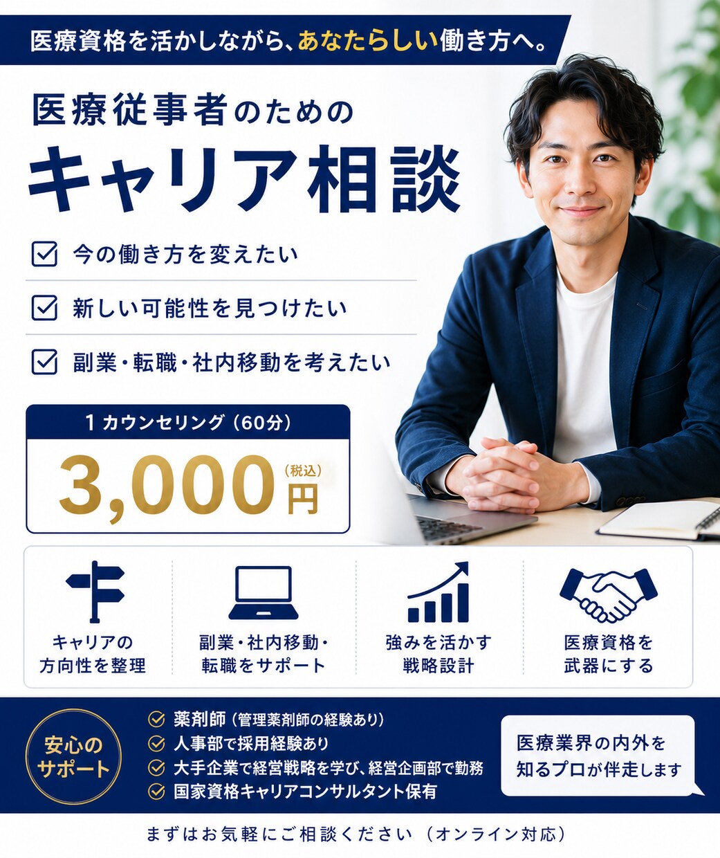 医療職からホワイトカラーへのキャリア相談乗ります 医療もデスクワークも経験のあるコンサルタントが伴奏します イメージ1