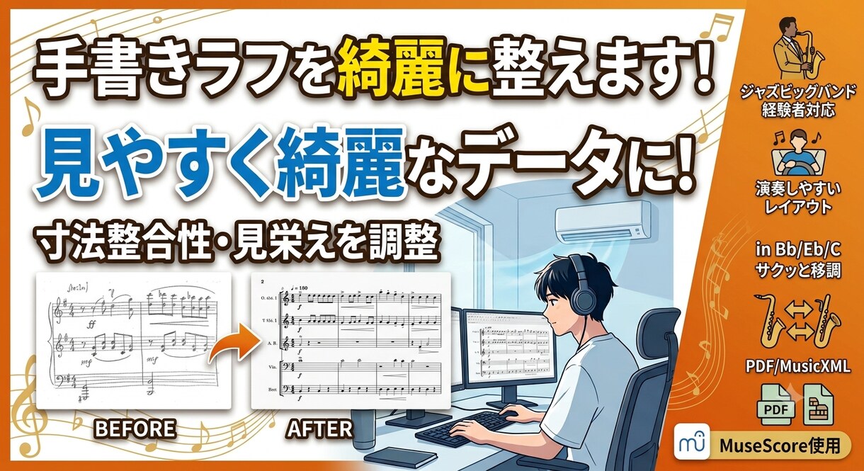 最短即日！手書き楽譜のデータ化・移調やります 読みにくい譜面を綺麗に浄書！管楽器などの移調もサクッと対応 イメージ1