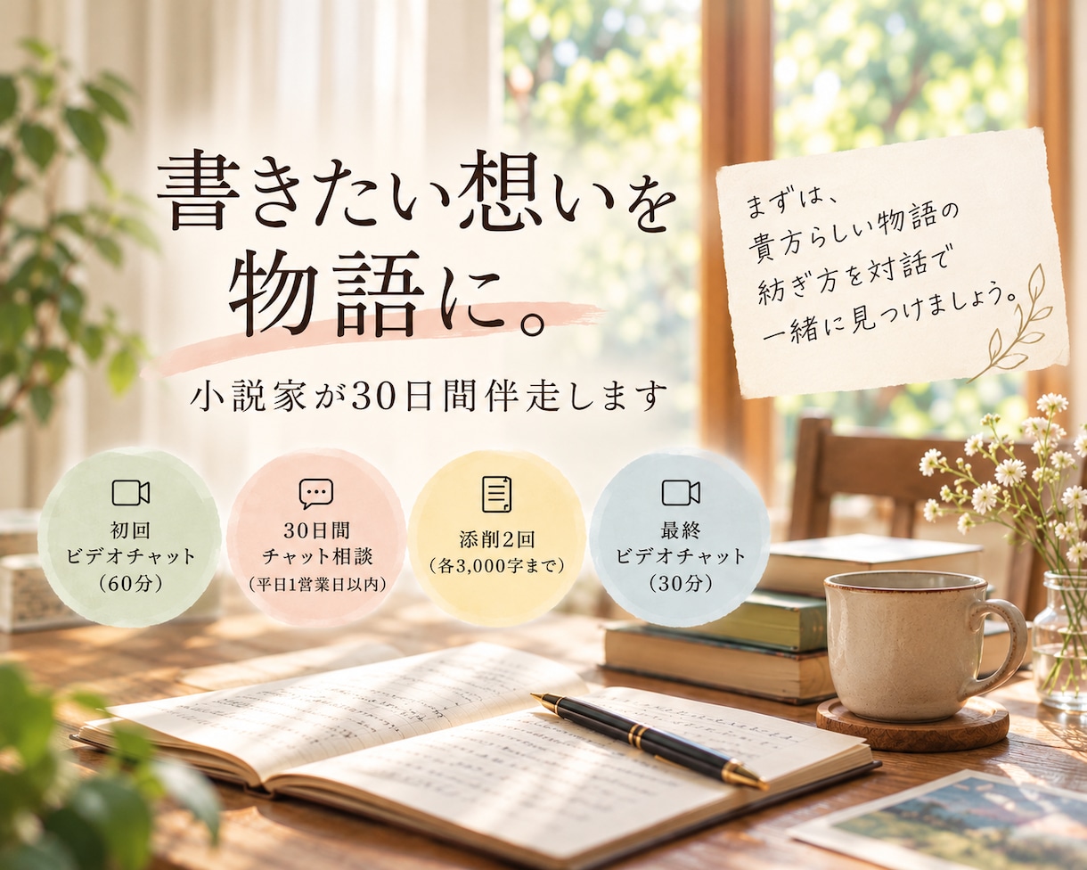 書きたい想いを物語に。小説家が30日間伴走します まずは、貴方らしい物語の紡ぎ方を対話で一緒に見つけましょう。 イメージ1