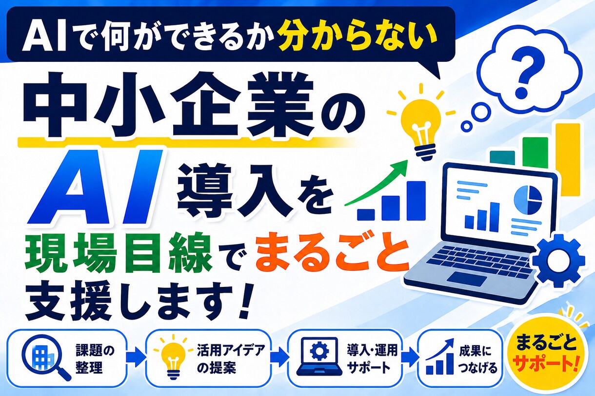 中小企業のAI導入、相談から実装まで対応します AI導入の何から始めるかを、業務の棚卸しから一緒に決めます イメージ1