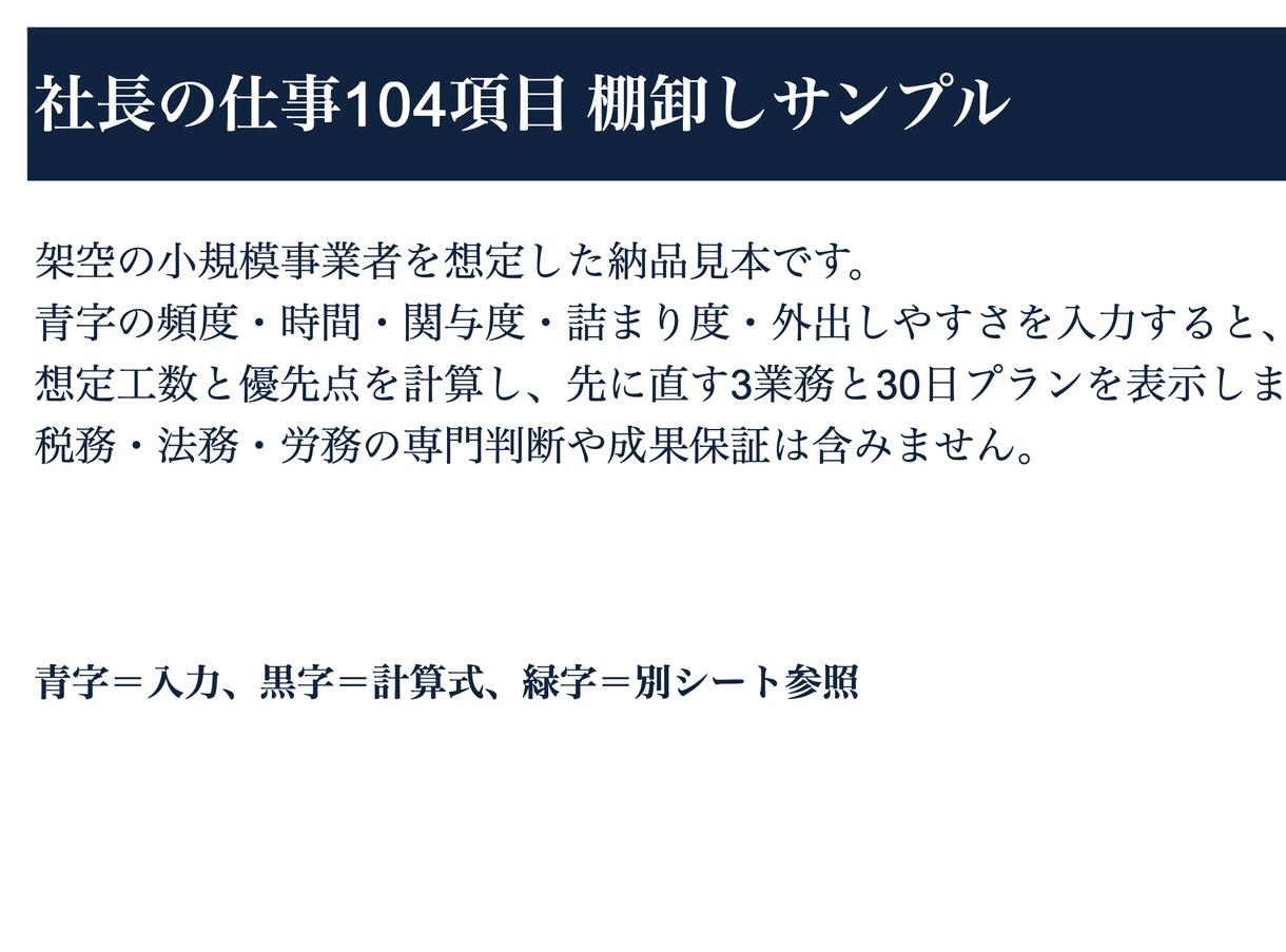 社長が手放せる仕事を104項目で見つけます 忙しさの正体と、先に直す3業務を1枚に イメージ8