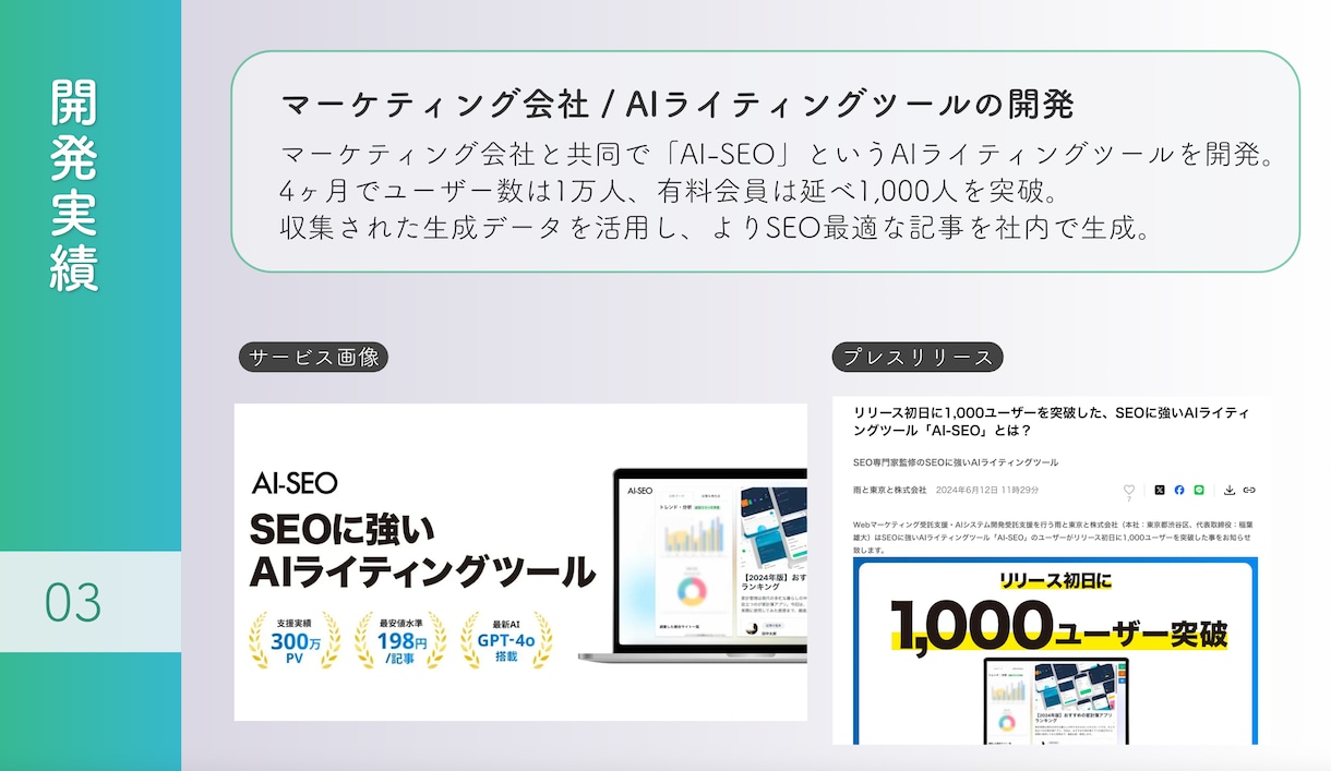 アイデアをもとにゼロからAIプロダクト開発します 初月1万ユーザーを突破したAIプロダクト開発ノウハウを活用 イメージ3