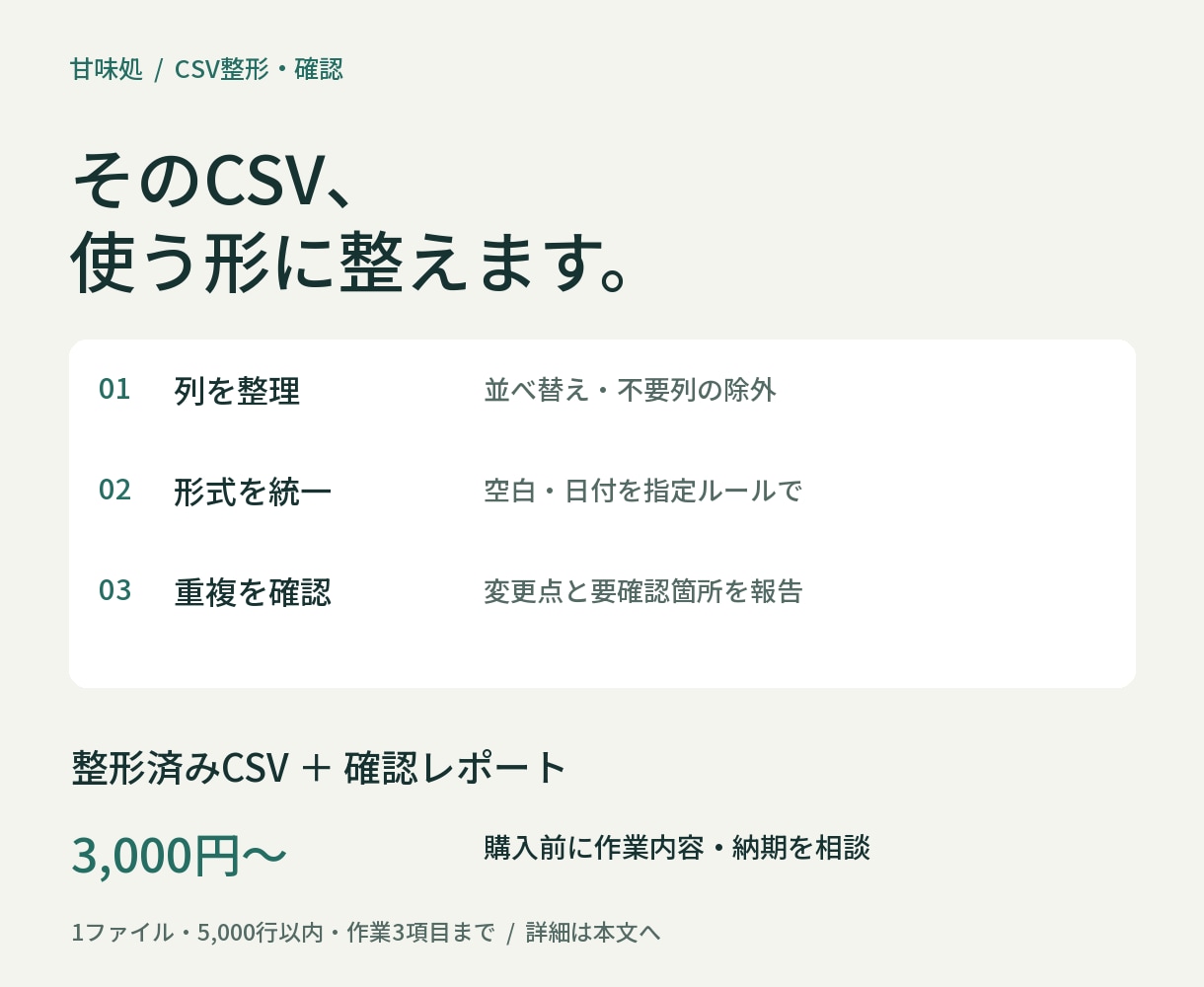 CSVの列整理・形式統一・重複確認をします 整形済みデータと変更・確認レポートを納品 イメージ1