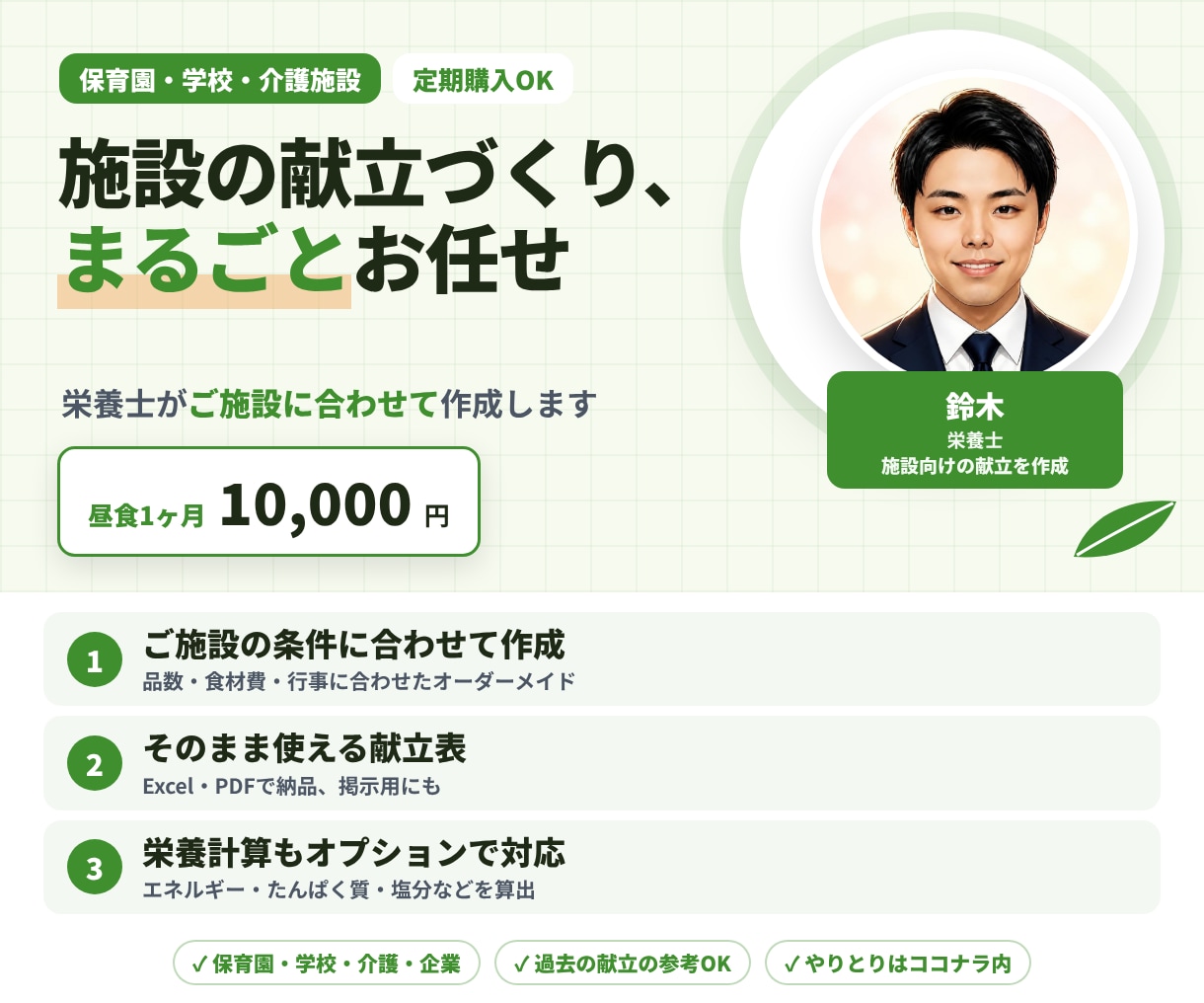 保育園・学校・介護施設などの1ヶ月献立を作成します 栄養士がご施設に合わせたオーダーメイド献立をお作りします イメージ1