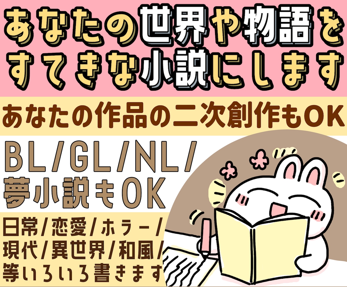 あなたの世界の断片やキャラ等から短編小説を書きます BL/GL/NL/夢OK！設定やイラストからお話を作ります イメージ1