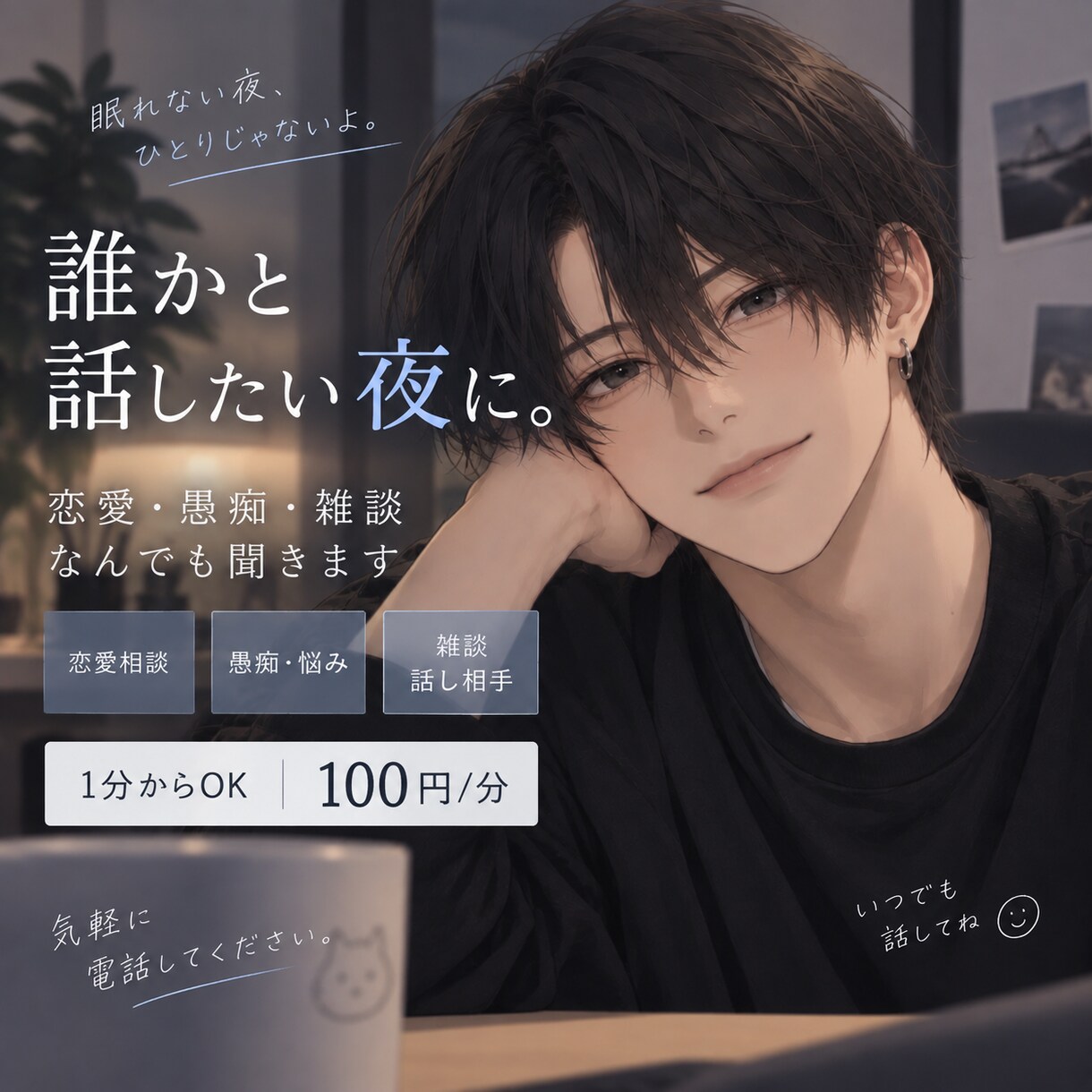 恋愛・愚痴・友達の悩みなんでも聞きます 落ち着いた声で、あなたの気持ちに優しく寄り添います イメージ1