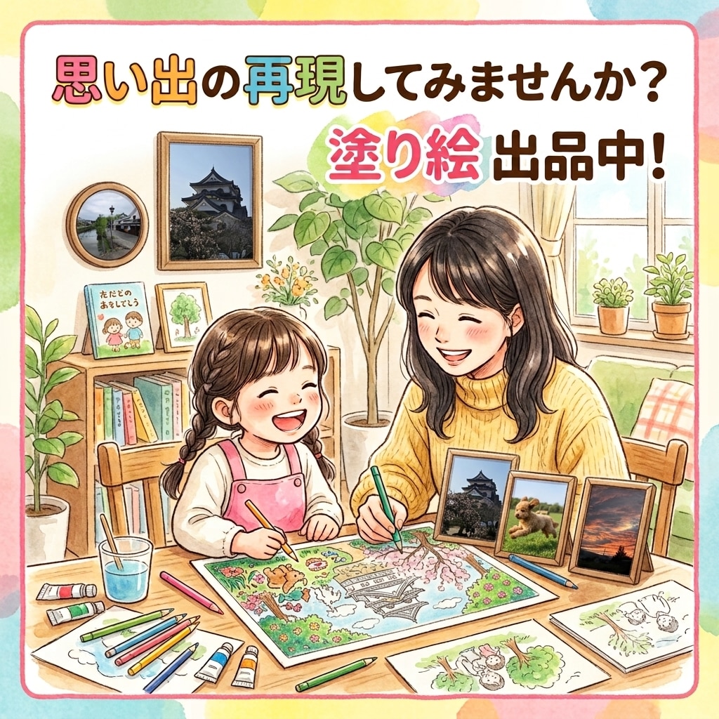 世界に1つだけのご家族の思い出を塗り絵にします 旅行の思い出、家族の歴史。ペットやイベント。10枚セット。 イメージ1
