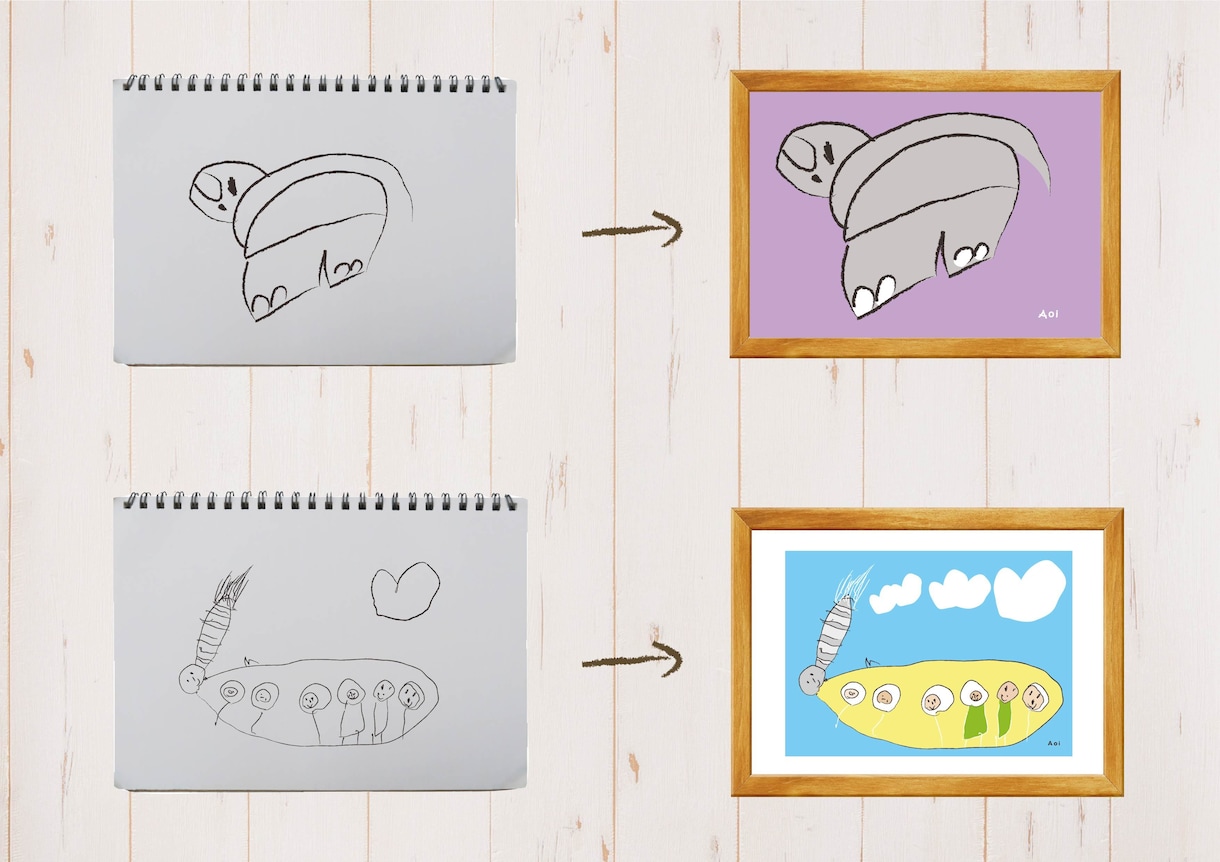 お子様のお絵描きで世界に一つのアート作品を作ります プレゼントやポストカード、お子様の日々の成長記録として。 イメージ2