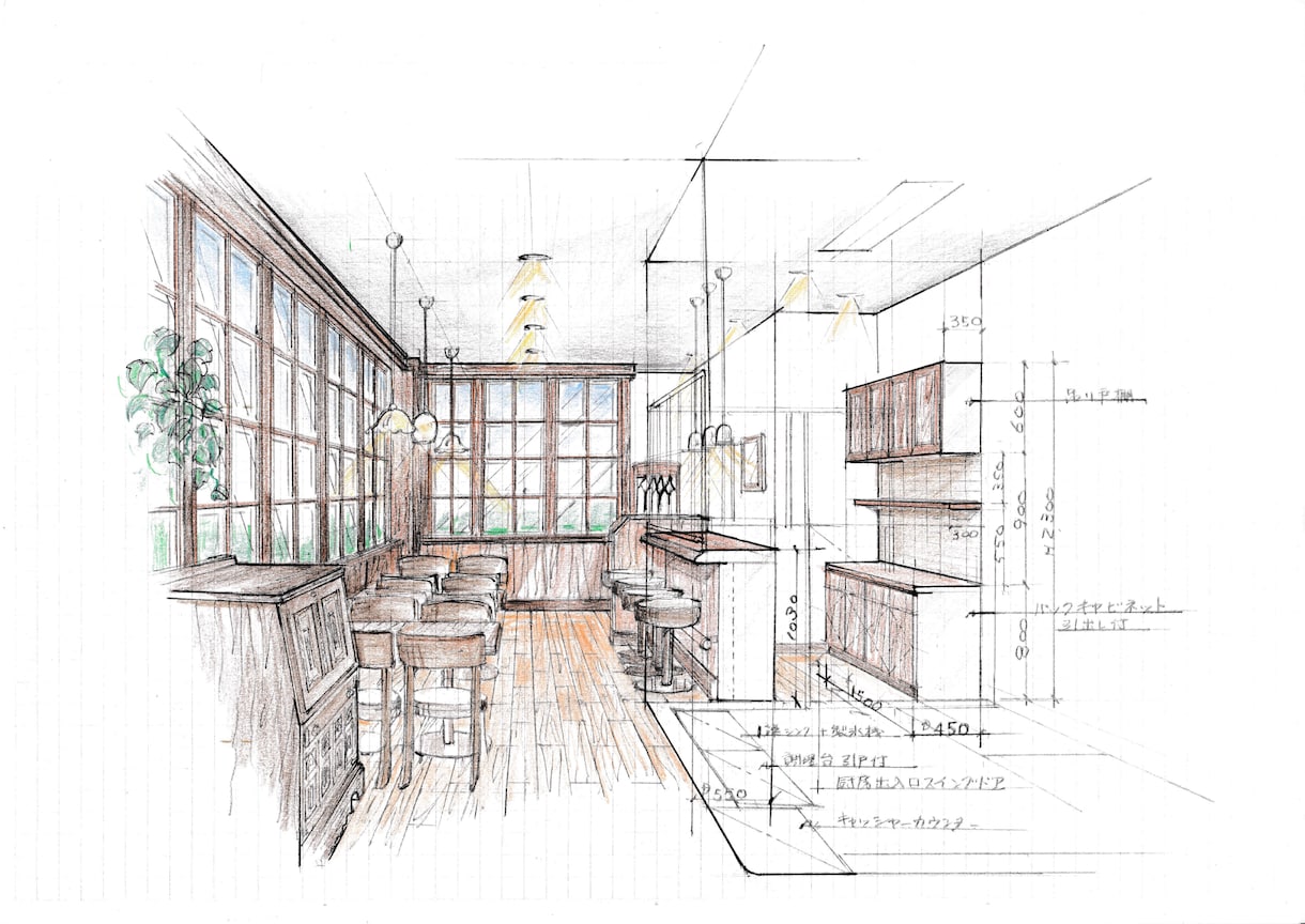 店舗設計の手描きパースを作成します 内外装・什器・施工図面。最短3日。経歴50年。首都圏在住。 イメージ2