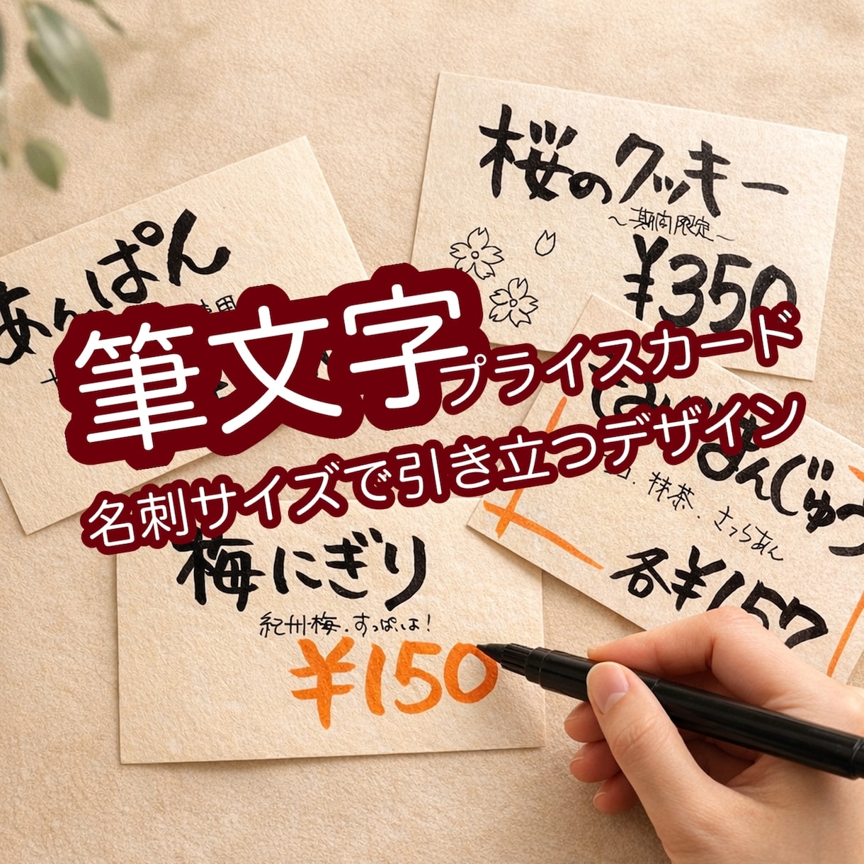 筆ペンで紙に直にプライスカードやポップ手書きします 名刺サイズ10枚分！筆ペンでほっこり書きます♪ イメージ1