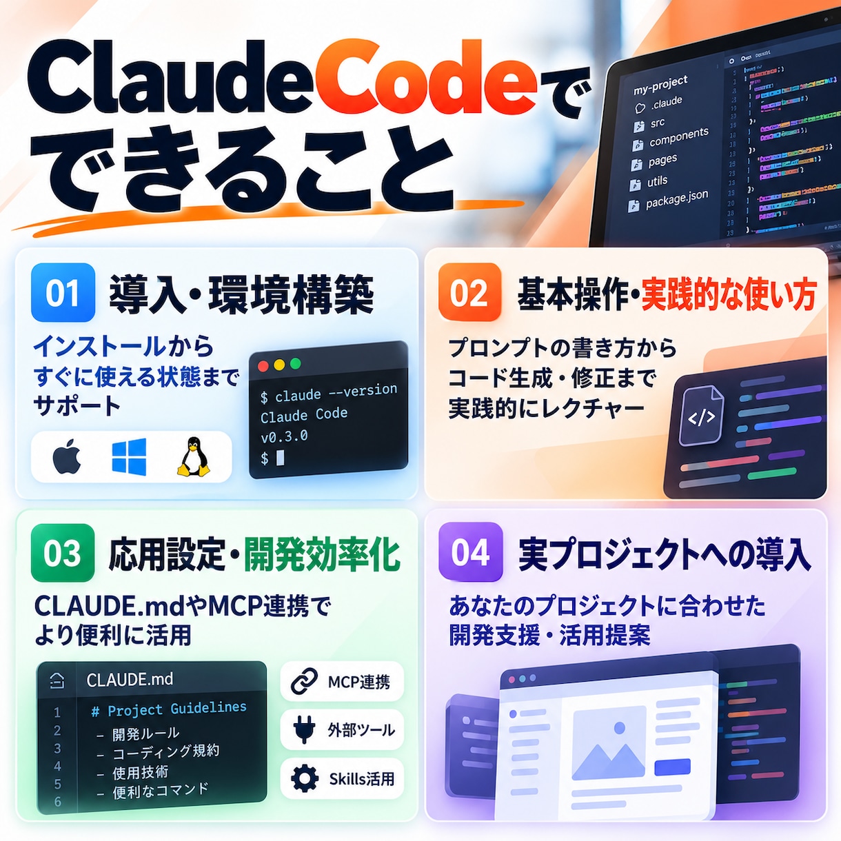 Claude Codeの導入・活用をサポートします 「AIでコードが書ける」を、あなたの環境で動くところまで。 イメージ6