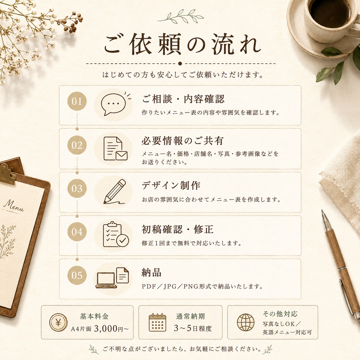 写真なしOK｜飲食店メニュー表おしゃれに作成します 飲食店経験者が、見やすく注文しやすいメニュー表に整えます イメージ5