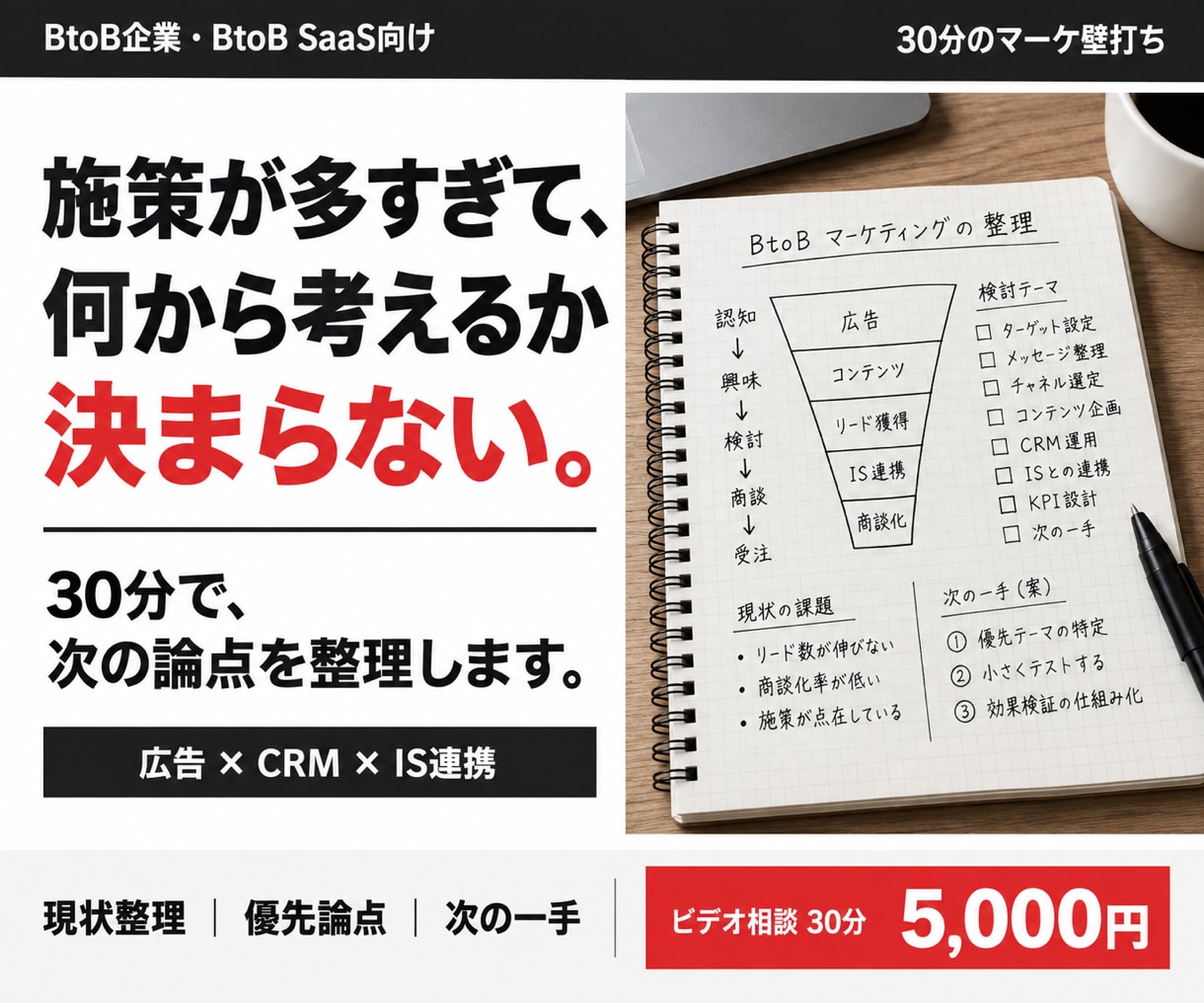 BtoBマーケの次の一手を30分で整理します 広告・CRM・IS連携の詰まりを一緒に言語化 イメージ1