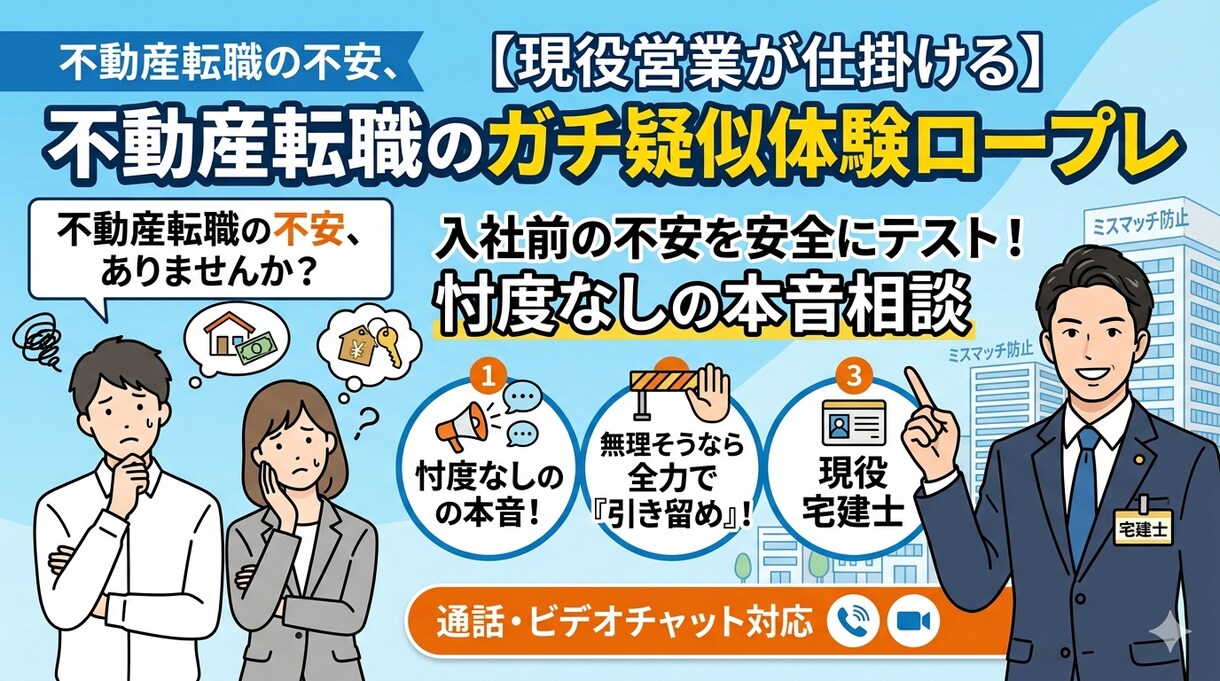 不動産転職のリアルをガチ疑似体験！営業ロープします 入社後の「詰み」を防ぐ！現役が本気で引き留めるキャリア相談 イメージ1