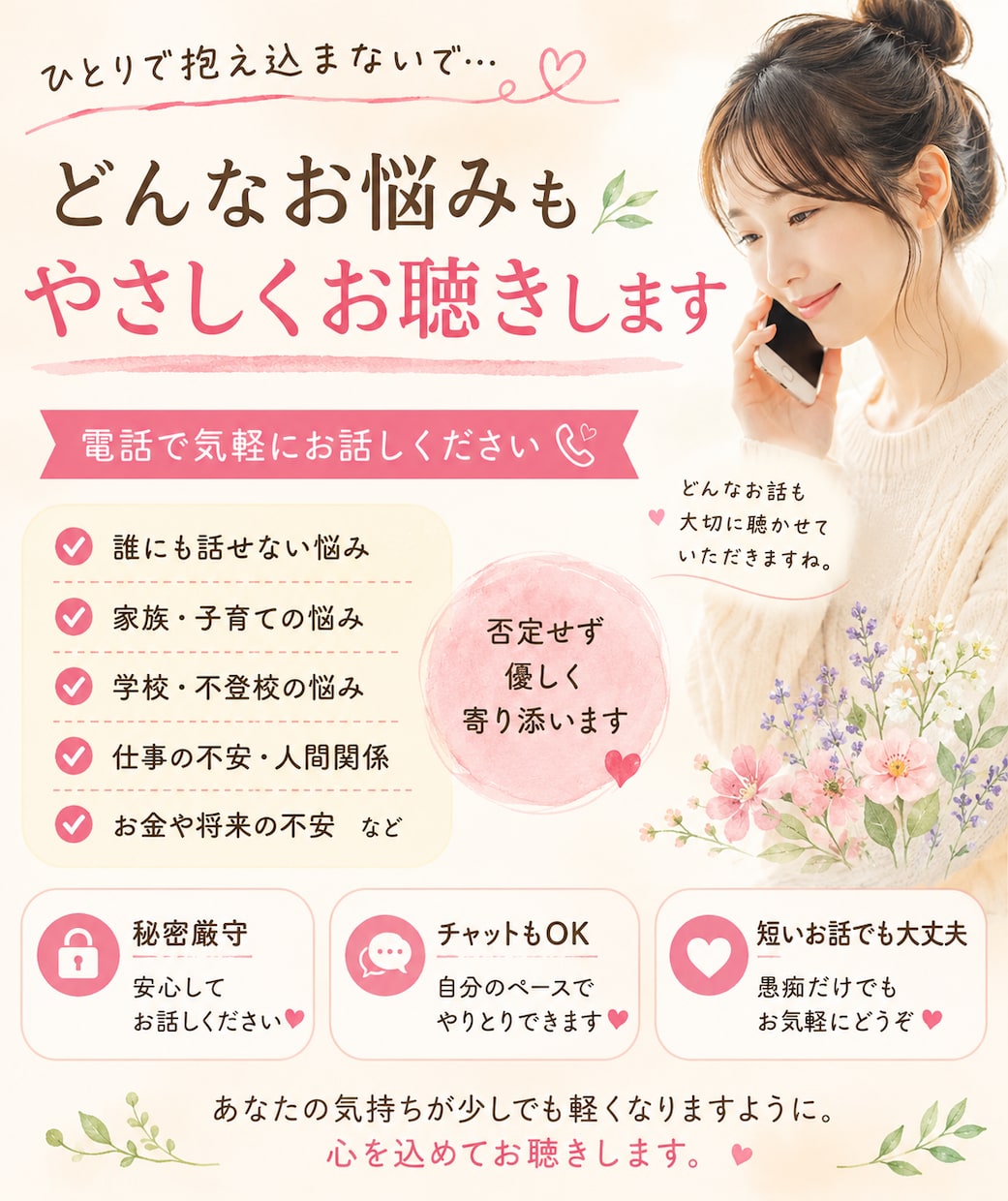 誰にも言えない悩み、優しくお電話でお聞きします 声で話すだけで、少し心が軽くなりますよ。 イメージ1
